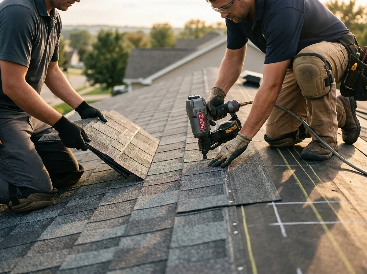 Professional roofer working on a residential roof in Meridian